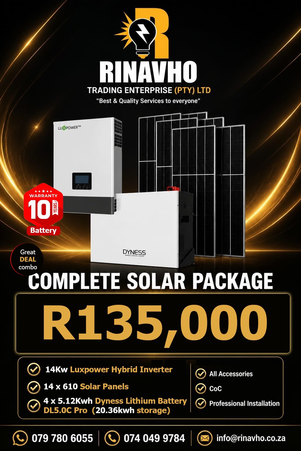 Premium Solar Package R135,000 with 10 year battery warranty - Gauteng